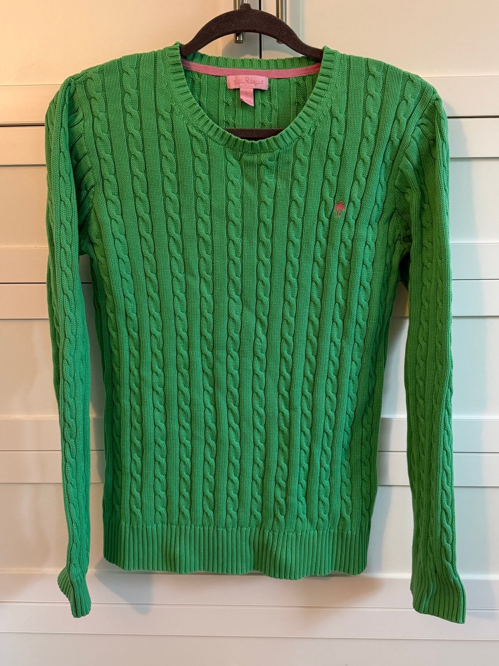 Lilly Pulitzer Green Cable-Knit Crewneck Sweater with Pink Logo